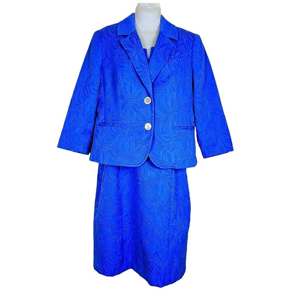 Talbots 2 Pc Jacket Dress Combo Set Blue Floral Jacquard Print size 10 - Picture 2 of 10